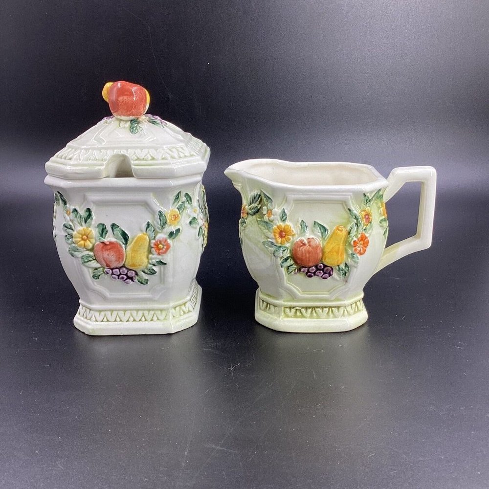 Vintage Lefton China Fruit & Flowers Fantasia Creamer & Sugar Set #6756 EUC